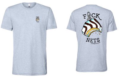 Light heather blue t-shirt with the Fuck NETS logo on the front and back