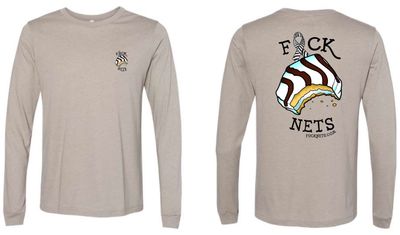 Heathered taupe long sleeve t-shirt with the Fuck NETS logo on the front and back